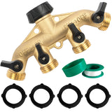 Hourleey Brass 4 Way Heavy Duty Garden Hose Splitter, Water Hose Splitter for 3/4 Hose Connector, Hose Faucet Splitter Hose Spigot Adapter 4 Valves with 4 Rubber Washers & Tape
