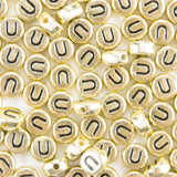 Yiizzxin 200Pcs Round Ancient Gold Letter U Beads,4x7mm Flat Vowel Letter-U Bead for Bracelets,Alphabet Beads for Jewelry Making