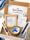 Rakhi Gift Hamper for Brother | 5 Piece Raksha Bandhan Gift Set with Rakhi, Wooden Frame, Greeting Card, Pen & Scented Candle |