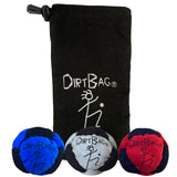DIRTBAG Classic Footbag 3 Pack with Pouch, Unique, Footbag Set with Signature Carry Bag - Blue/Grey/Red with Black Pouch.