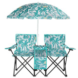Outvita Folding Double Camping Chair w/Umbrella Beverage Holder Carrying Bag Cooler Fold Up Table, Large Bearing Capacity for Be
