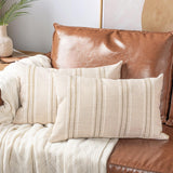 Aels 12X20 Decorative Farmhouse Linen Throw Pillow Covers Boho Textured Pillow Case Set Of 2 Beige With White & Brown Stitch Yarn Dyed Stripe Cushion Cover For Sofa Couch Living Room (Cover Only) -Like New
