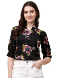 Wedani Women'S Casual Puff Sleeves V Neck Foral Top (Large Black),Black,L