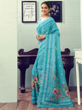 Satrani Women'S Kota Doriya Floral Printed Scalloped Border Pre Draped Ready To Wear One Minute Saree With Unstitched Blouse Piece (27Rs245N_Turquoise)