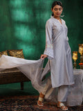 Libas Womens Printed Silk Blend Straight Kurta With Trousers And Dupatta Grey 2Xl
