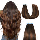 Sunya Tape in Hair Extensions Human Hair Balayage Dark Brown to Chestnut Brown 18 Inch 50g/pack 20pcs Straight Seamless Skin Wef