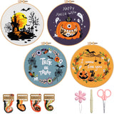 Halloween Embroidery Kit, Pumpkin Cross Stitch Kits, 4 Set Craft Kits for Beginners with Pre-Printed Embroidery Fabric, Hoops, S