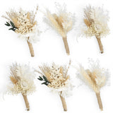 Rinlong 6Pcs Boutonnieres Assorted Dried Flower Boutonniere for Men Rustic Boho Beige Wedding Boutineers Fall Groom Boutonnieres with Pins for Prom Homecoming Wedding-New