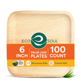 ECO SOUL 100 Count Square Palm Leaf Plates of 6 Inch - Disposable, Eco-Friendly, Biodegradable Bamboo Plates - Perfect for Parti