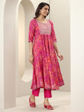 Libas Pink Ethnic Motif Printed Anarkali Kurta With Solid Trouser And Printed Dupatta Pink M