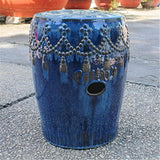 International Caravan Furniture Piece Navy Blue Tasseled Drum Creamic Garden Stool