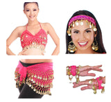 Vritraz WomenS Chiffon Belly Dance Hip Waistband 1 Scarf, 1 Top, 1 Headband, 1 Handcuff With Ringy Golden Coins (Pack Of 4)