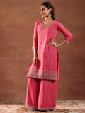 Libas Womens Embroidered Silk Blend Straight Kurta With Palazzos And Dupatta Pink Xl 49220
