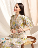 Leriya Fashion Soft Cotton Blend Floral Foil Print Puff Sleeve Shawl Collar Straight Kurta Pant Set For Women Causal Festival Office Shopping Outing Wear For Girls Ethnic Co Ord Set (Medium, Green)
