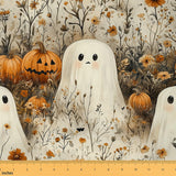 Cute Ghost Fabric by The Yard,Happy Halloween Upholstery Fabric,Autumn Style Floral Leaves Decorative Cloth for Furnishing Sofa