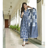 Gosriki Women'S Cotton Blend Anarkali Printed Kurta With Pant & Dupatta (Damini Blue-Gs_M_Blue_Medium),Blue,,B0C543J5G3
