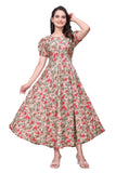 Qena Women Crepe Maxi Dress Calf Length | Fit And Flare ALine Dress With Puff Short Sleeves, Round Neck And Stitch Belt For Cas