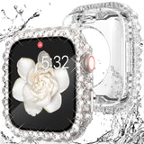 WINGLE 2 in 1 Waterproof Case for Apple Watch 44mm Screen Protector SE 3/2/1 Series 6 5 4, Bling Lace Edge Diamond Face Cover Fu
