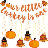 Qttier Our Little Turkey Is One Banner and Thanksgiving Hanging Swirls, Turkey 1st Birthday, Fall Birthday Decorations, Orange G