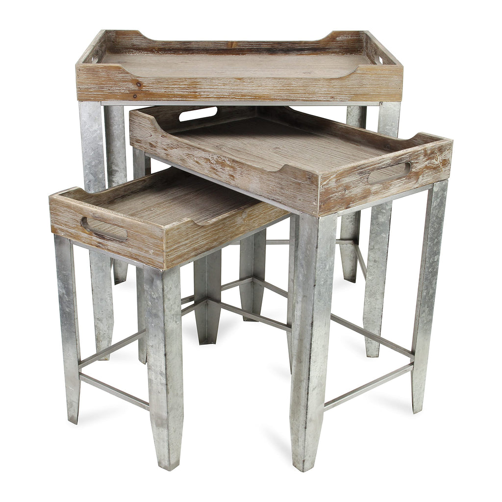 Cheung'S Set Of 3 Gray Wash Wood Top Side Handles And Galvanized Metal Base Nesting Table
