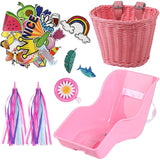 Aurelema Doll Bike Seat with 30 Pcs Stickers Decals Bike Basket for Kids Bike Handlebar Streamers Colorful Ribbons Tassel Daisy