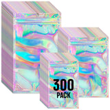 Funfery 300 Pack 3 Size Mylar Holographic Bags with Clear Window,Resealable Bag Smell Proof Foil Baggies Packaging Pouch for Foo