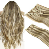 HOTBANANA Clip in Hair Extensions Real Human Hair, 135g 7pcs 18 inch Ash Brown Highlighted Golden Blonde Clip in Human Hair Exte