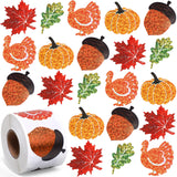Feifeiya 500 Pcs Fall Thanksgiving Stickers Roll Laser Turkey Maple Leaf Acorn Decals 1.5 Inch Waterproof Self Adhesive Sparkly