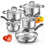 Cook N Home Stainless Steel Cookware Sets 10-Piece, Pots and Pans Kitchen Cooking Set with Stay-Cool Handles, Dishwasher Safe, S