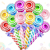 Gejoy 12 Pcs Sweet Candy Balloons Round Lollipop Candy Balloons Handheld Foil Party Decorations for Theme Birthday Party Supplie