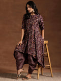 Libas Womens Printed Silk Blend A-Line Kurta With Salwar Burgundy Xs