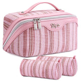 Travel Makeup Bag for Women: Large Capacity Open Flat Make up Bag Set of 3 - Vegan Leather Cosmetic Bag with Compartments - Wate