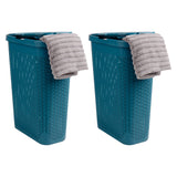 Mind Reader 40L Slim Laundry Hamper, Clothes Basket, Lid, Wicker Design, Plastic, 18L x 10.4W x 23.5H, Set of 2, Blue