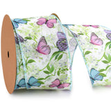 LaRibbons Spring Ribbon Wired 2.5 Inch x 12 Yards, Blue Butterfly Floral Wired Edge Ribbon Spring Summer for Crafts Wrapping Wre