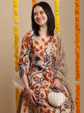 Anni Designer Women'S Rayon Blend Printed Straight Kurta With Pant & Dupatta (Kalam Chiku-Vks02_M_Beige_Medium),Beige,M,,,