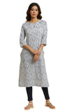 W Blue Paisley Printed Cotton Straight Long Kurta for Women