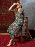 Anni Designer Women'S Cotton Blend Straight Printed Kurta With Pant (Paresh Rama_L_Green_Large),Rama Green,L,,,