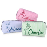 DayOfShe Personalized Bridesmaid Gifts Makeup Bag Embroidered with Name&Birth Flower for Best Friend Birthday Gifts, Custom Seer
