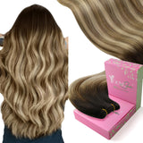 YoungSee 100G 14inch Weft Hair Extensions Human Hair Balayage Brown Human Hair Sew in Extensions Darkest Brown to Brown with Blo