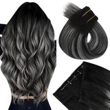 Easyouth Wire Extensions Real Human Hair Ombre Wire Hair Extensions Balayage Black with Silver Fish Line Hair Extensions Real Hu