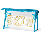 AsodSway Preppy Patch Skin Makeup Bag - Summer SKIN Varsity Letter Cosmetic Bag Classy Waterproof Clear PVC Multi-Function Zippe