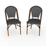 Martha Stewart Lily Pond Indoor-Outdoor Stackable Bistro Chairs with Natural Woodgrain Aluminum Frame Finish, Black/White Woven