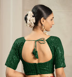 Pujia Mills Women'S Indian Ethnic Wear Designer Silver Sequence With Matching Embroidered Work V Neck Half Sleeve Readymade Padded Saree Blouse Readymade Unique Green Color Saree Blouse Green 32