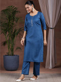 Libas Womens Embellished Cotton Blend Straight Kurta With Trousers And Dupatta Teal M
