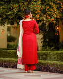Anni Designer Women'S Cotton Blend Handpainted Printed Kurta With Palazzo & Dupatta (Rayon Red-Jan15_Xl_Red_X-Large),Red,XL,Cotton Blend,Regular,Dupatta