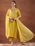 Libas Gerua Womens Yoke Design Silk Blend Straight Kurta With Trousers And Dupatta Yellow S