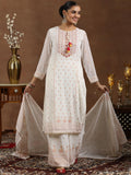 Libas Womens Printed Georgette Straight Kurta With Palazzos And Dupatta Off White M