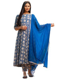 Gosriki Women'S Rayon Blend Bagru Printed Anarkali Kurta With Pant & Dupatta (Sukhkarni-Blue-Gs_L_Blue_Large),Blue,,B0D1V437W8