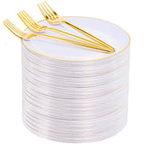 Rubtlamp 200Pcs Gold Plastic Dessert Plates,White Appetizer Platos with Gold Disposable Forks, Fancy Small Dessert/Cake Plates I