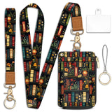 Piefly Plant Book Shelf Lanyard Wallet with ID Badge Holder, Floral Small RFID Wallet Women Keychain Wristlet, Slim Credit Card